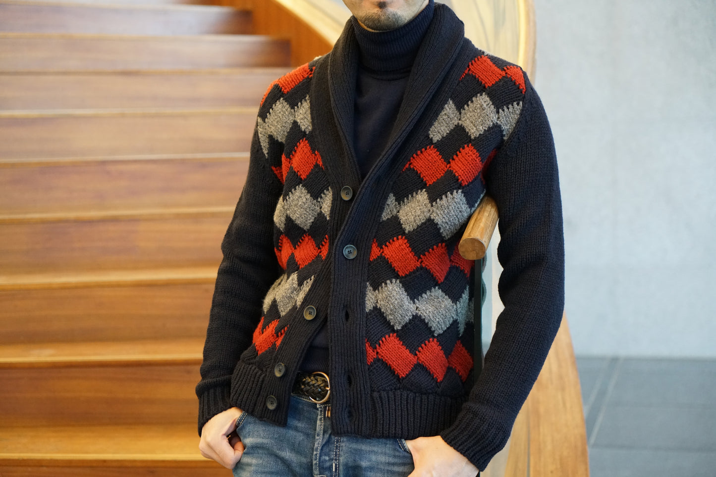 ZANONE(ザノーネ）アーガイル柄ショールカラーニット（未使用）